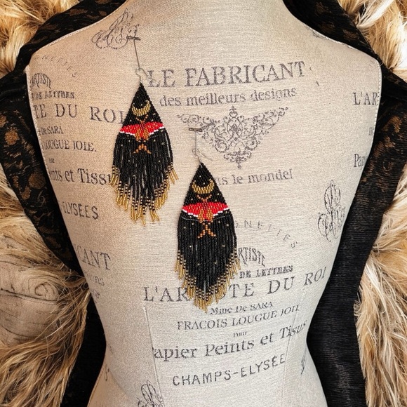 Bold Black Gold Silver Red Handmade Boho Witchy Beaded Earrings w/beaded fringe - Picture 3 of 16